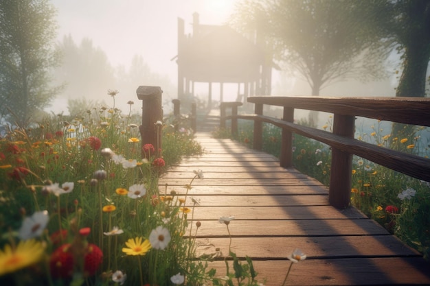 Flower wonderland with a boardwalk Foggy background Generative AI illustration