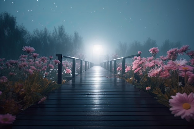 Flower wonderland with a boardwalk Foggy background Generative AI