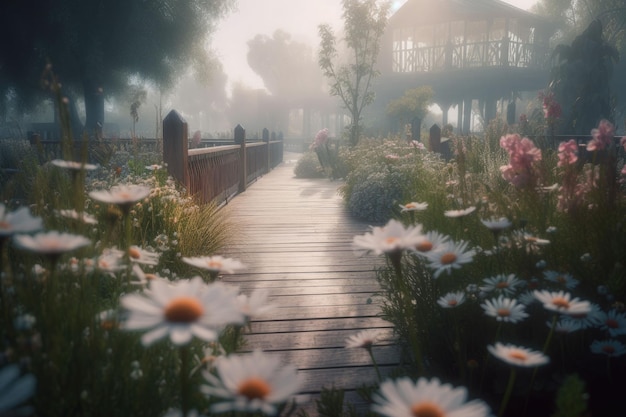 Flower wonderland with a boardwalk Foggy background Generative AI