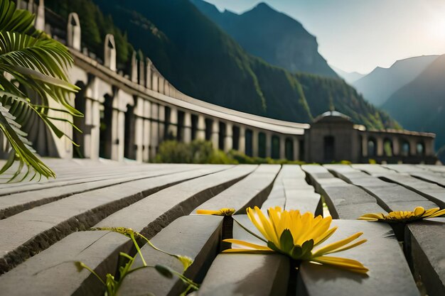 A flower on a wooden table in front of a mountain