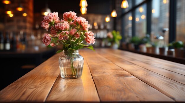부엌의 나무 테이블에 꽃