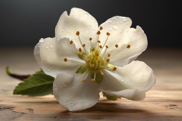 A flower on a wooden table with a dark background.