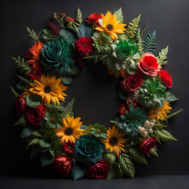 Flower wreath on black background Flat lay top view generative ai