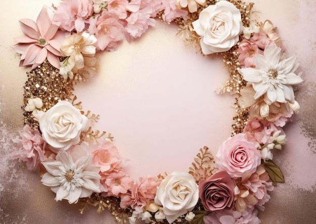 flower Wreath on Pink with copy space