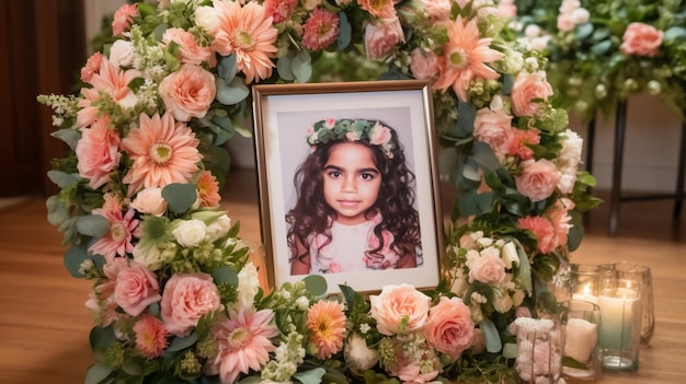 A flower wreath with a picture of a girl in a frame