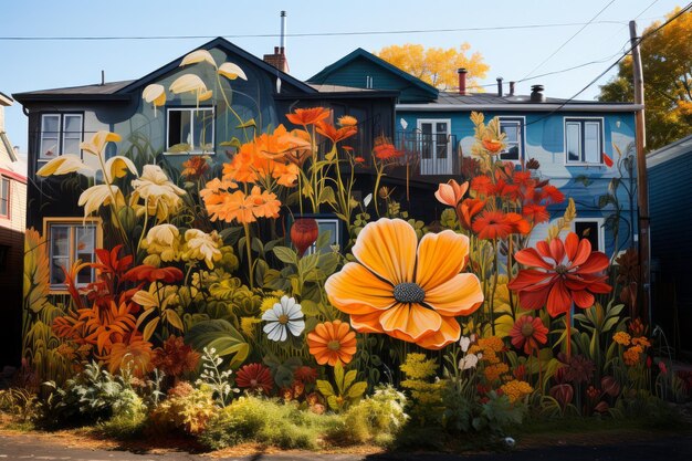 Flowerbed at the blue house in autumn