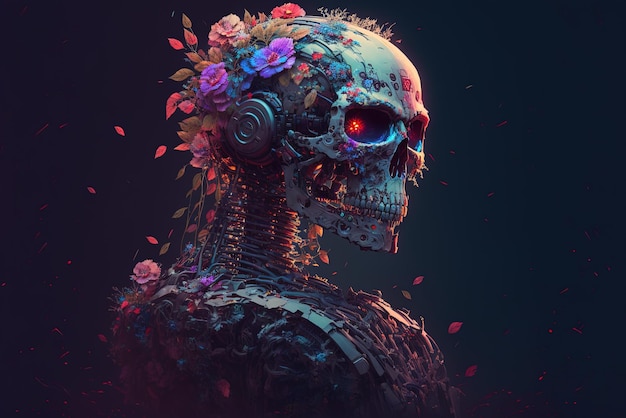 робот-череп в стиле киберпанк, покрытый цветами