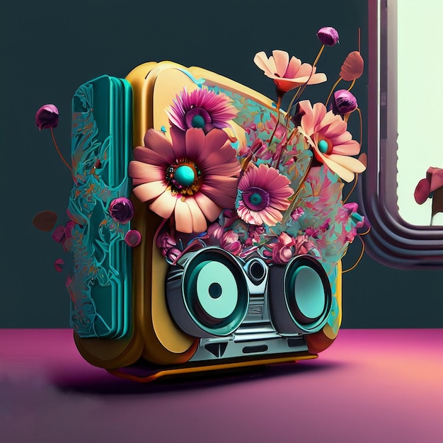 A flowered speaker with flowers on it