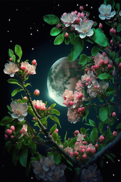 Flowered tree with a full moon in the background generative ai