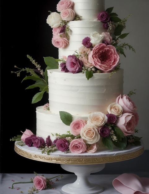 Flowered wedding cake photography