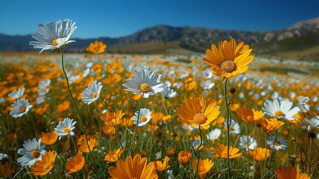 FlowerFilled Field With Mountains in Background