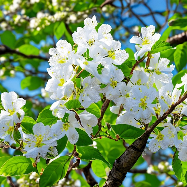 Flowering apple tree with bright white flowers in early spring