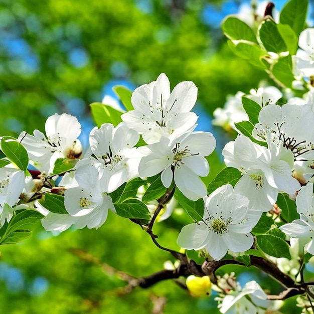 Flowering apple tree with bright white flowers in early spring