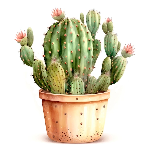 Flowering cactus in a pot. Watercolor illustration on white. Generative AI