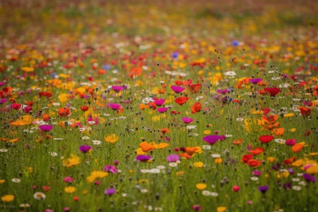 Цветущее поле взрыв естественных цветов с пчелами и бабочками танцуют генеративный IA