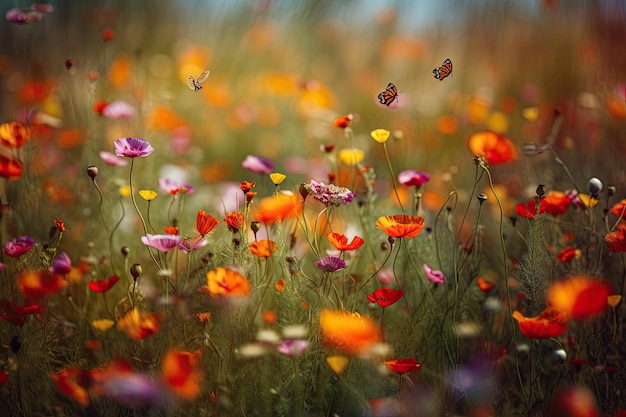 Цветочное поле взрыв естественных цветов с пчелами и бабочками танцуют среди генеративной IA
