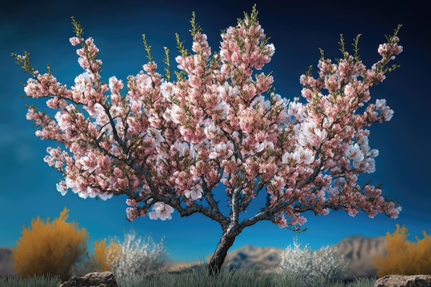 Flowering peach tree against background of blue sky and foliage spring day