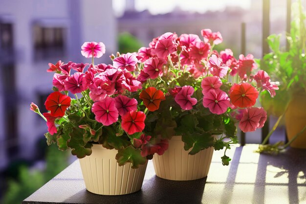 バルコニーやテラスを飾るための花の鉢の植物 選択的な焦点 生成的なAIコンテンツ