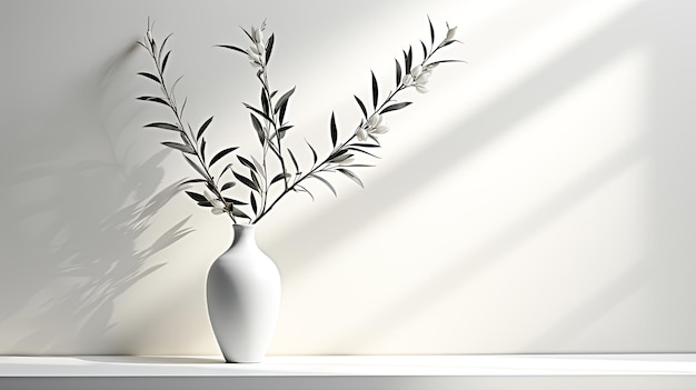 Flowering shrub branches in vase against a light wall interior design or mockup idea AI generated