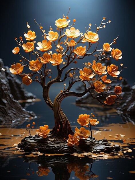 Flowering tree against a golden sunset its blooms outlined against the darkening sky Perfect for evoking serenity and beauty in design projects Generative AI