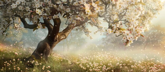 Photo flowering tree against a natural backdrop with spring blossoms