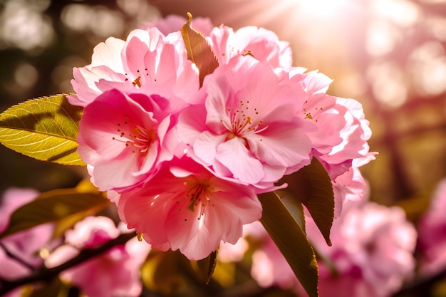 Flowering tree branch against the rays of the sun Generative AI