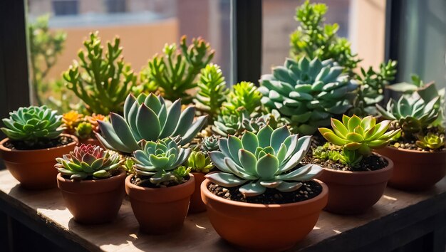 flowerpot with beautiful succulents on the windowsill at home