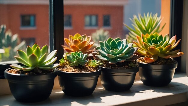 flowerpot with beautiful succulents on the windowsill at home