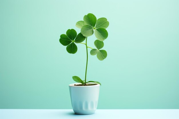 A flowerpot with a green plant Shamrock in ground on a blue background Clover for good luck Saint Patricks Day Botany