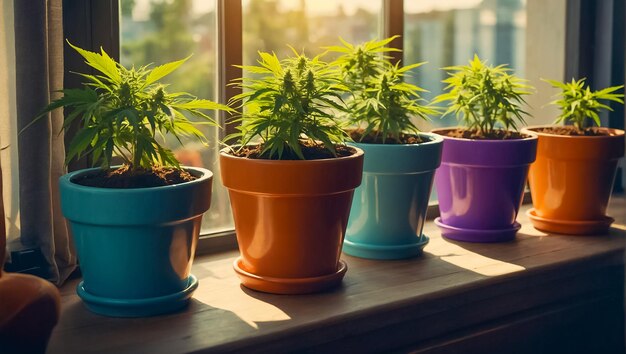 Flowerpot with marijuana plant on the windowsill