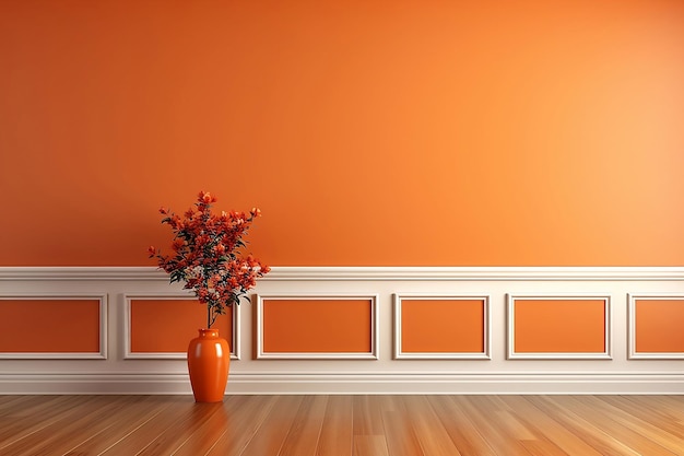 Flowerpot with plant in empty room with orange wall