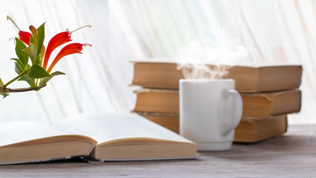 Flowerpot with a red flower near the book and a cup of tea