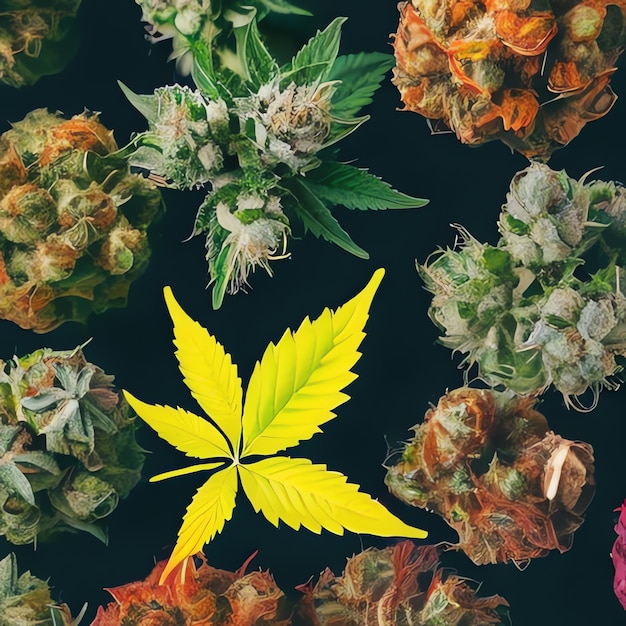 Foto vaso di fiori cuccioli e foglie di cannabis colorati oli essenziali