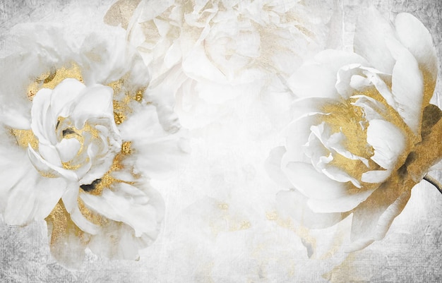 Flowers, abstract, golden line, ink and background,