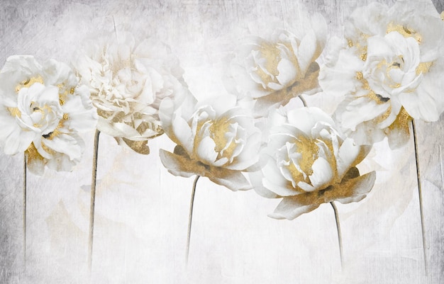 Photo flowers, abstract, golden line, ink and background,