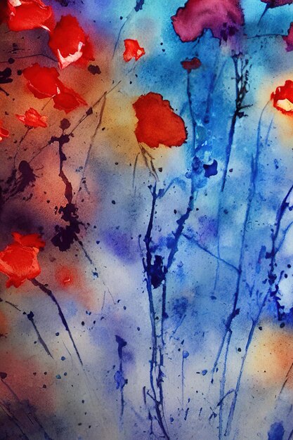 Foto fiori pittura ad acquerello astratta su carta blu rosso nero colori cinematografici ai generati