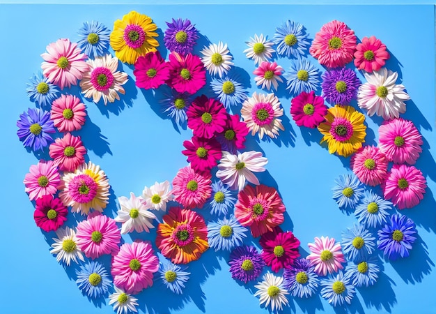 Foto i fiori sono disposti in cerchio con sopra le lettere 