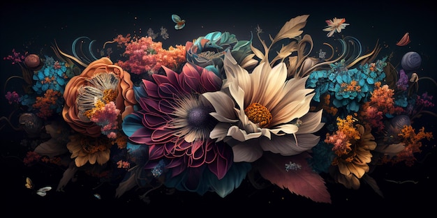Flowers are arranged in a row on black background generative ai