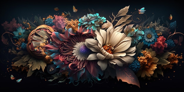 Flowers are in a basket with butterflies and on dark background generative ai
