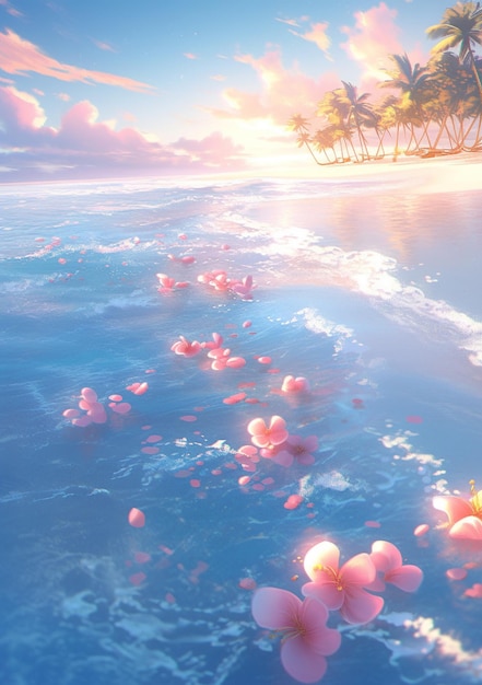 Flowers are floating in the water on a beach near a palm tree generative ai