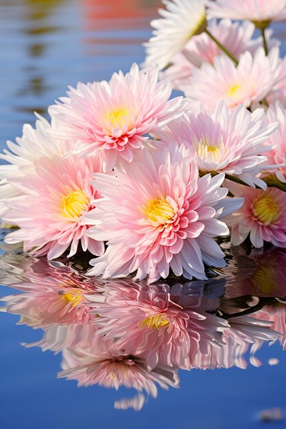 Foto i fiori si riflettono nell'acqua su una superficie blu generativa ai