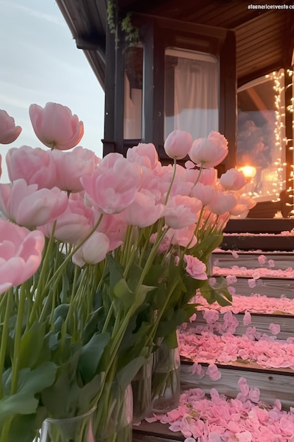 flowers are in vases on the steps of a house generative ai