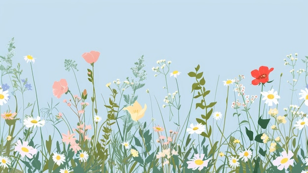 写真 春の花 夏の花 やかな畑の植物 草原のハーブ 植物学的なデザイン 現代的なイラスト