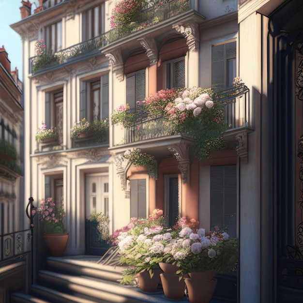 Flowers on the balcony of the house image created by ai