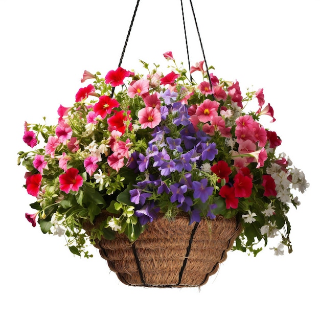 Flowers in basket isolated on white background