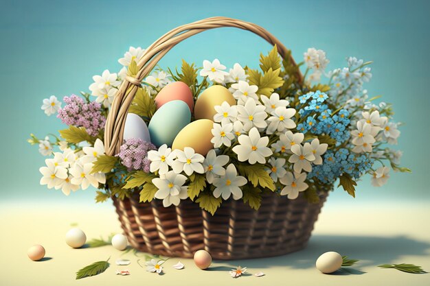 Цветы рядом с корзиной с яйцами на Пасху