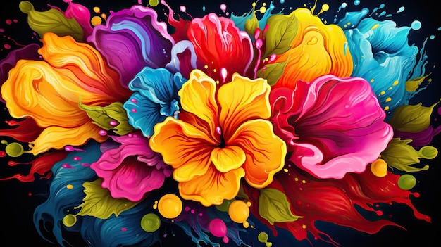 flowers on black background with colorful paint scattered
