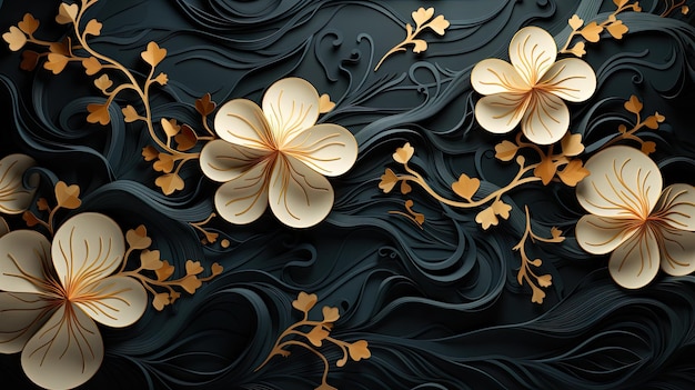 flowers on a black background with gold leaves and a black background.