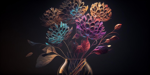 Photo flowers on a black background xray made with three colors generative ai