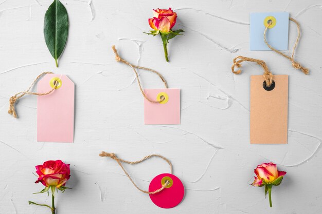 Flowers and blank paper tag. Sending flowers